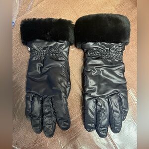 Authentic Women’s UGG Black Leather Gloves with Real Fur Trim, Lined, Size L/XL